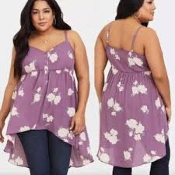 Torrid Baby Doll Cami Tunic Top Georgette Mauve Floral High Low Plus Size - 5X - Picture 1 of 16